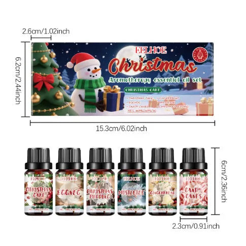 Christmas aromatherapy oil set showing six bottles in three festive scents with different sizes