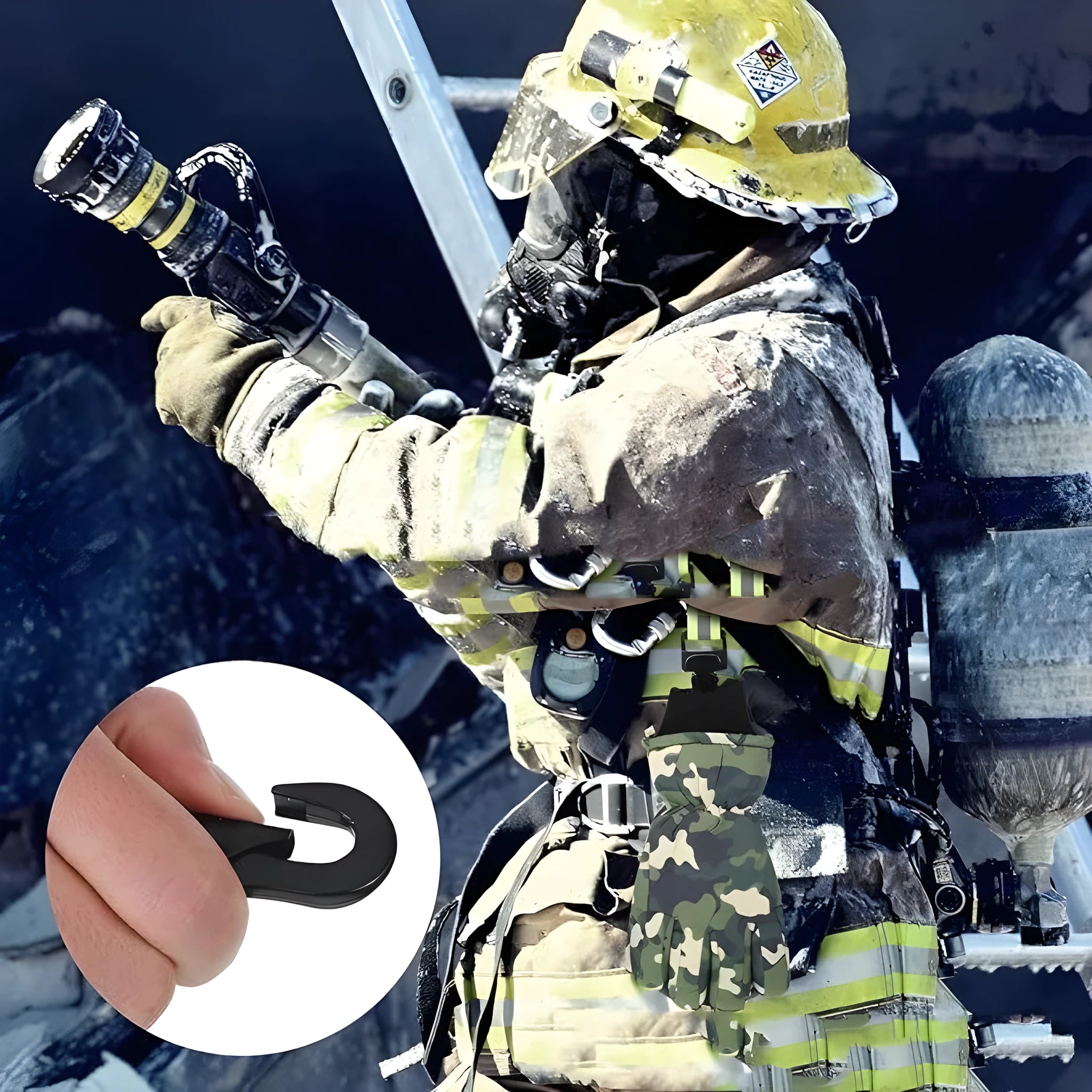Fluorescent green reflective safety clip with a metal buckle for holding work gloves.