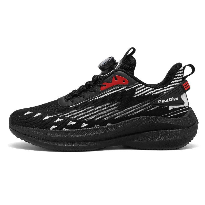 Men's white green and black rotating buckle Fly-kit mesh casual sports running shoes on a flat sole.