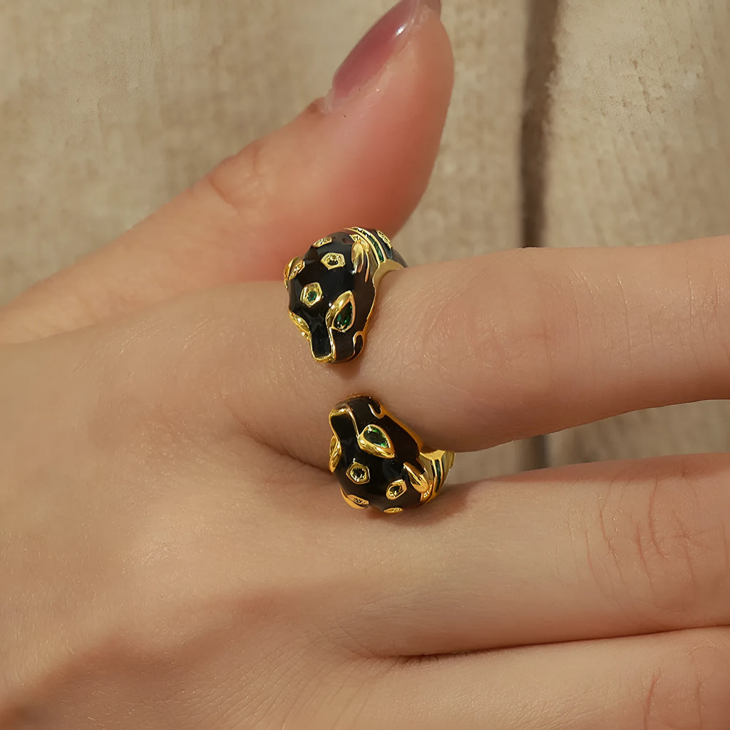 Women's black cheetah open ring in geometric shape with no.7 size electroplated copper construction