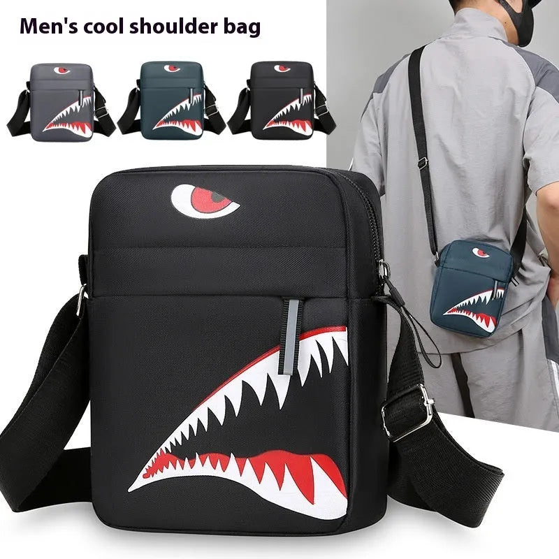Men's black Oxford cloth crossbody bag with animal print pattern and adjustable shoulder strap
