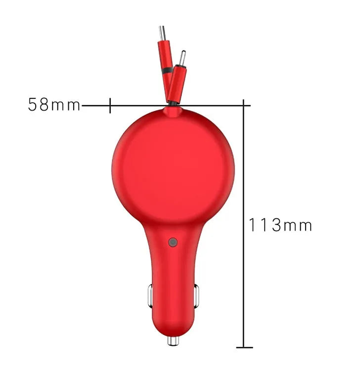 Black retractable car charger with extended cables showing QC3.0 and PD charging ports