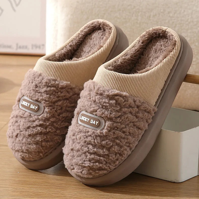 Men's grey plaid rabbit hair winter slippers with thick EVA rubber soles