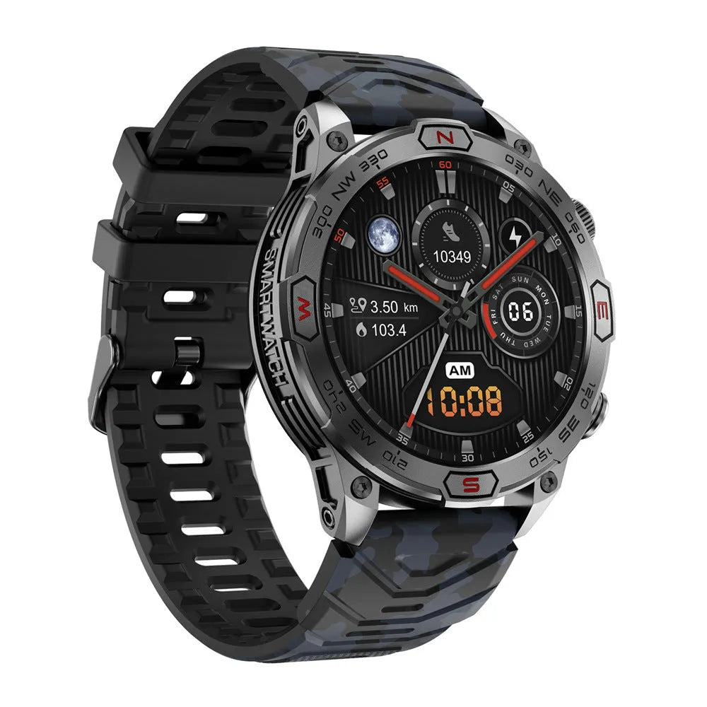 Black sports watch with 1.43-inch AMOLED screen showing weather forecast, on silicone strap