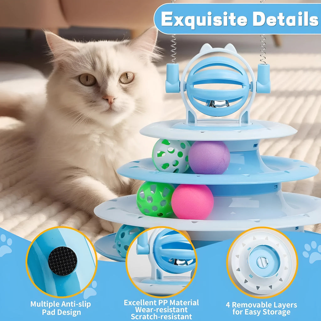 Interactive cat toy with 4-tier carousel, 6 toy balls, bell ball, and 2 teasing rods on a non-slip base