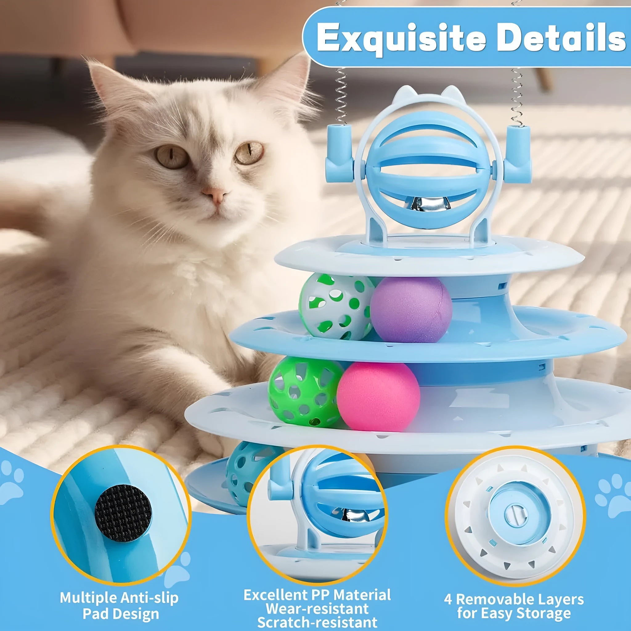 Interactive cat toy with 4-tier carousel, 6 toy balls, bell ball, and 2 teasing rods on a non-slip base