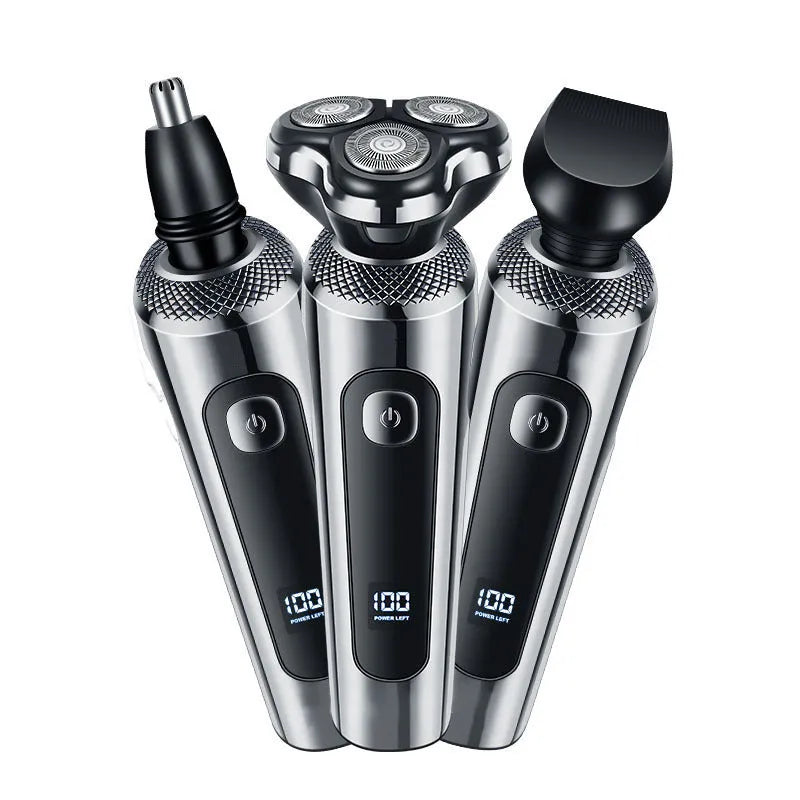 Fully washable digital USB rechargeable beard shaver with LED display on five-in-one base.