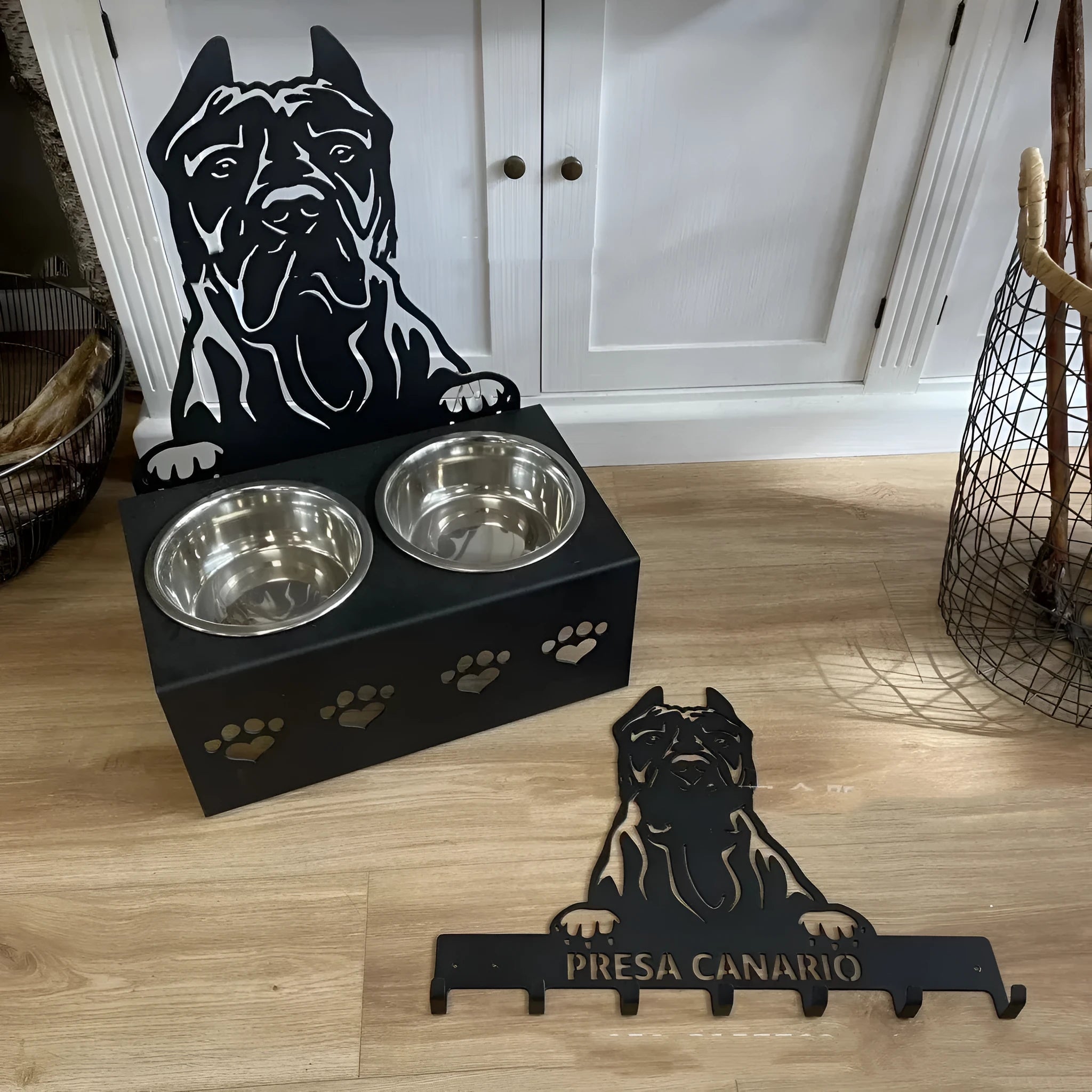 Custom dog name food bowl holder with stainless steel bowl and iron decoration on a metal stand.