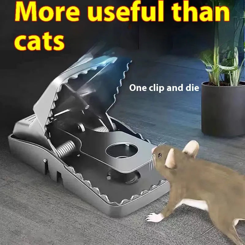 Automatic mouse cage trap in metal and plastic, shown in small, medium, and large sizes for indoor use.