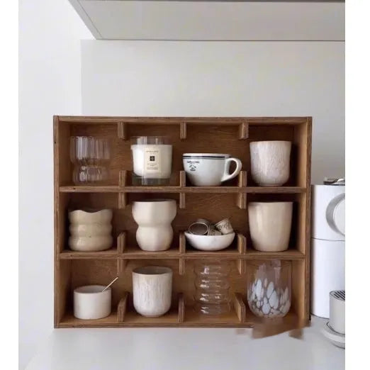 Solid wood square multi-layer grid cup storage rack in birch wood meridian colour