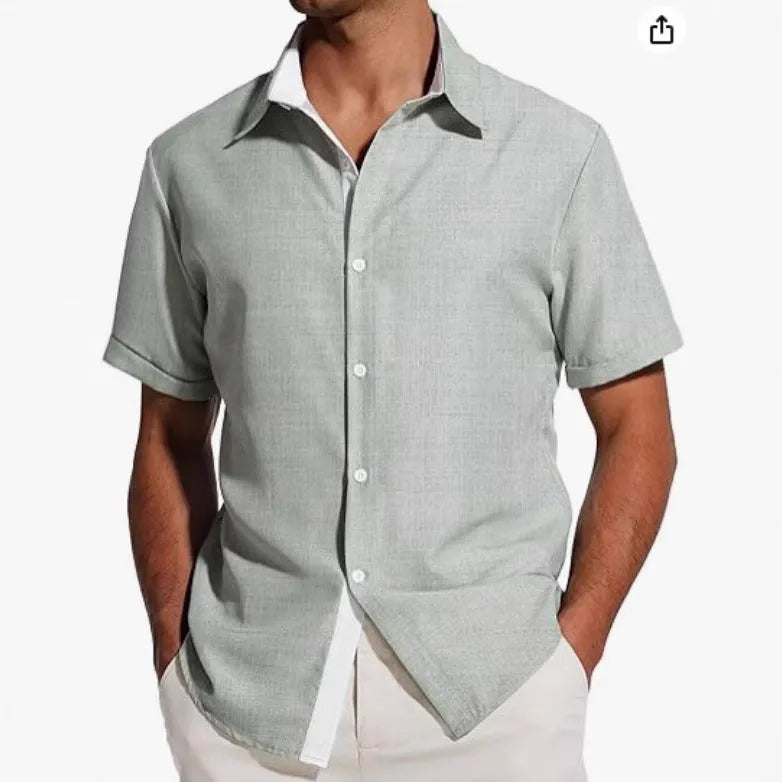 Men's short-sleeved floral print polyester shirt in gray, front view, casual summer style
