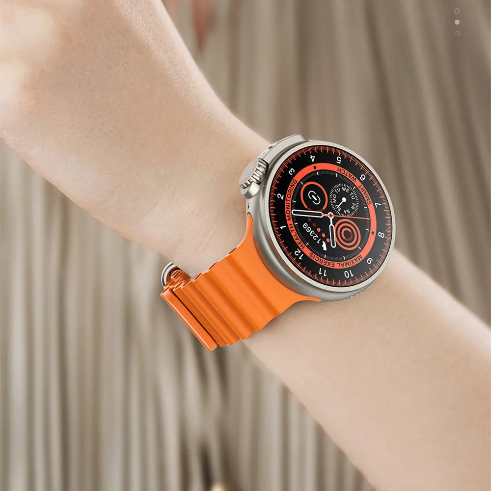 K9 smart watch with round screen on silicone strap showing fitness stats interface