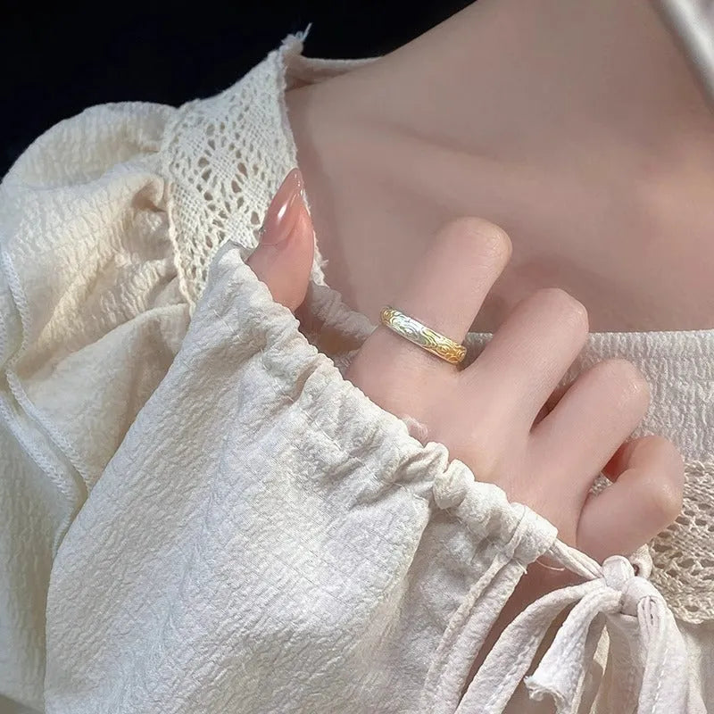 White copper adjustable ring with electroplated silver gold finish and geometric Xiangyun pattern