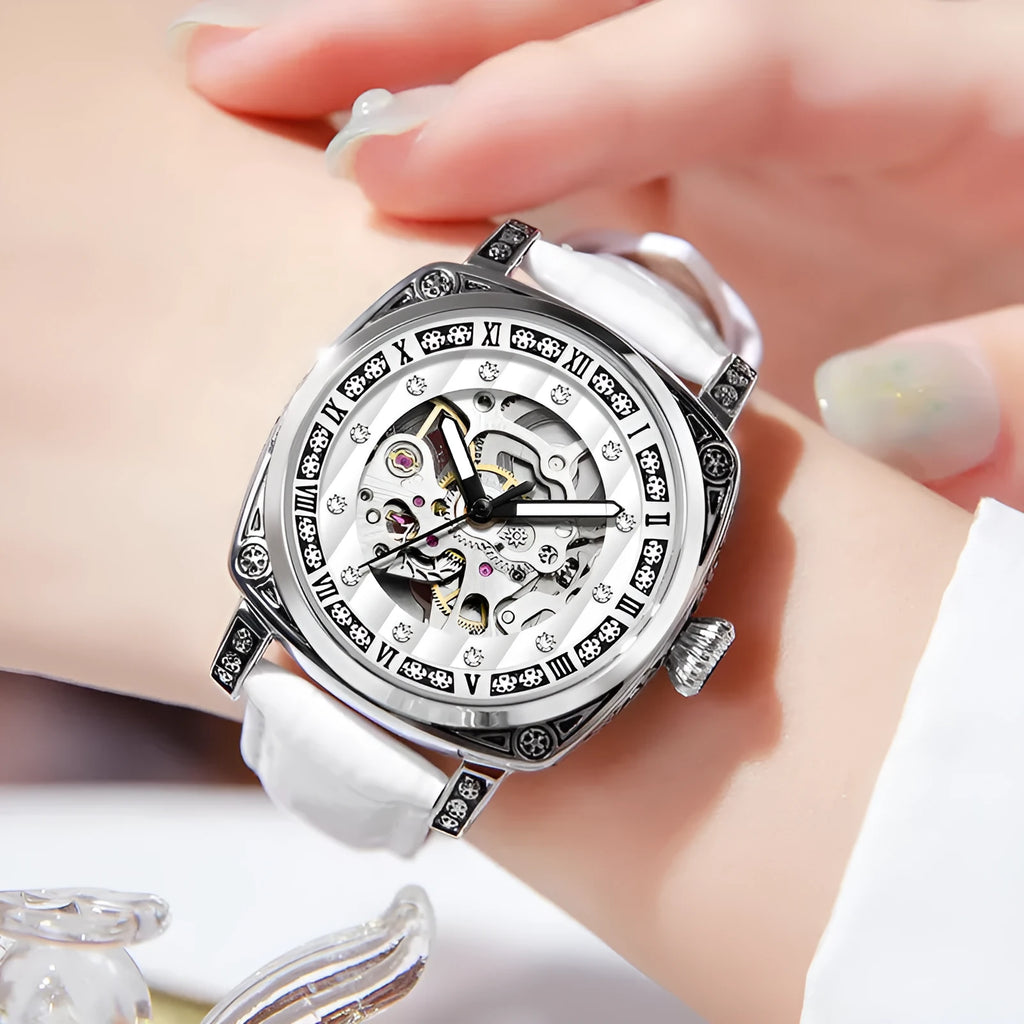 Men's mechanical leather strap watch with luminous hands showing black, red, steel, and white colour options