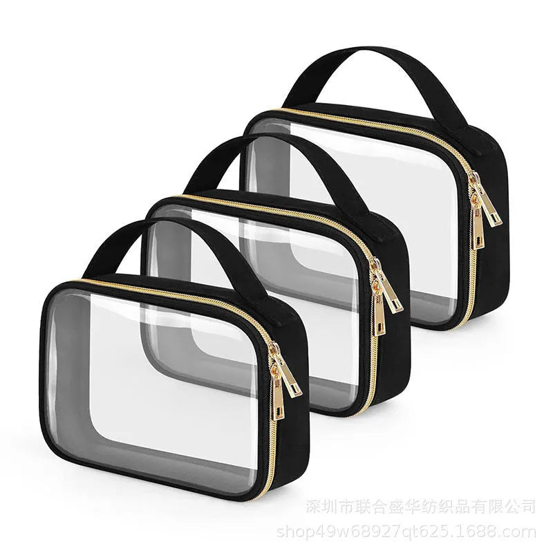 Transparent PVC wash bag with chain handle in multiple colour options showing interior space