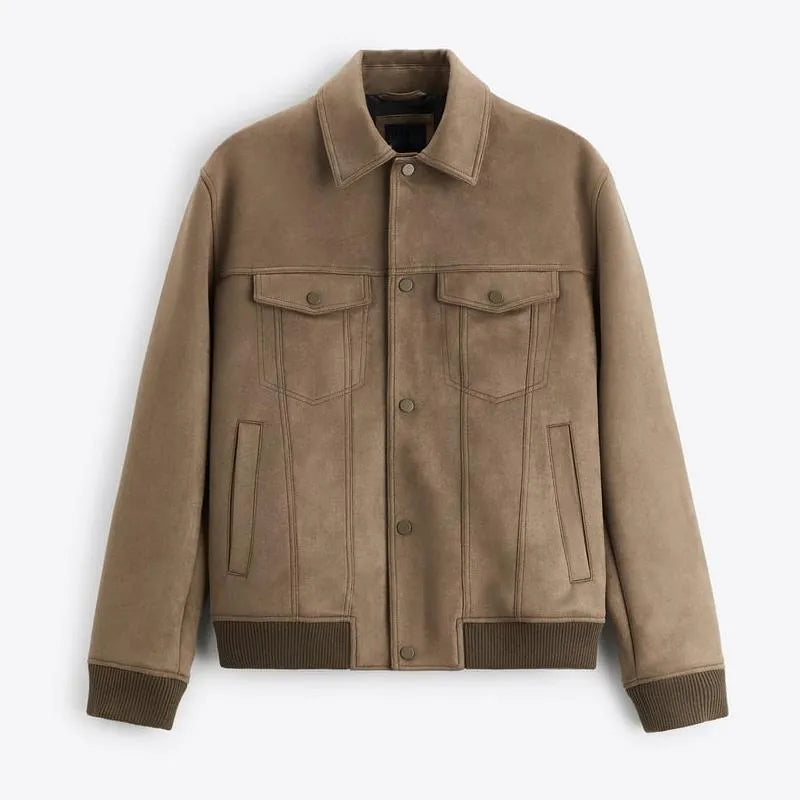 Men's light grey suede velvet British-style jacket with long sleeves on a model.