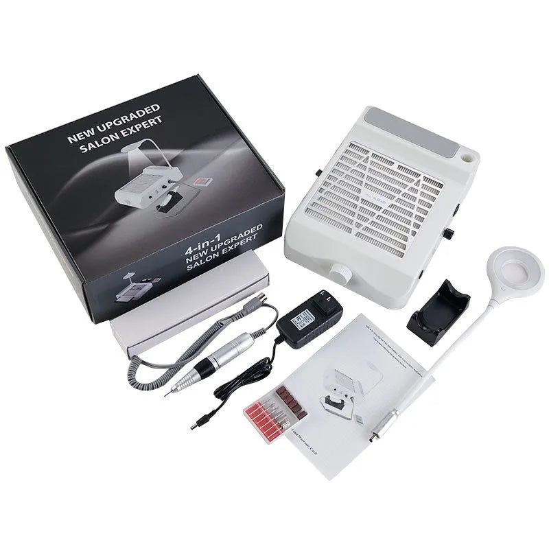 White four-in-one nail grinder machine with integrated vacuum cleaner on a table