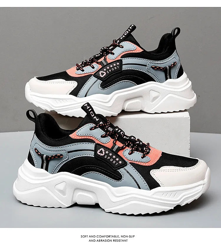 White women's thick-soled casual sports shoes with mesh upper and buckle detail