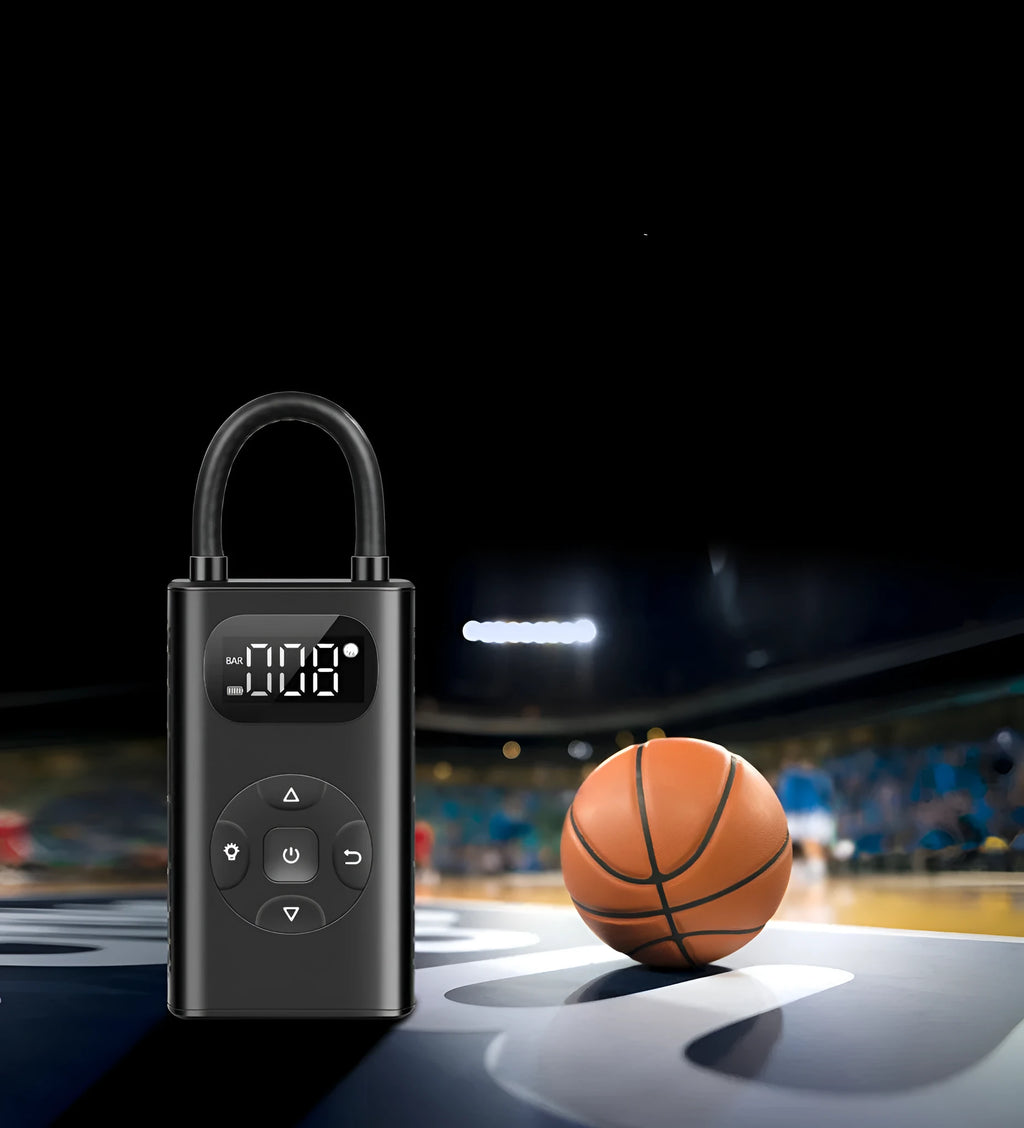 Black M09X portable power bank tyre inflator with USB cable and inflatable tube