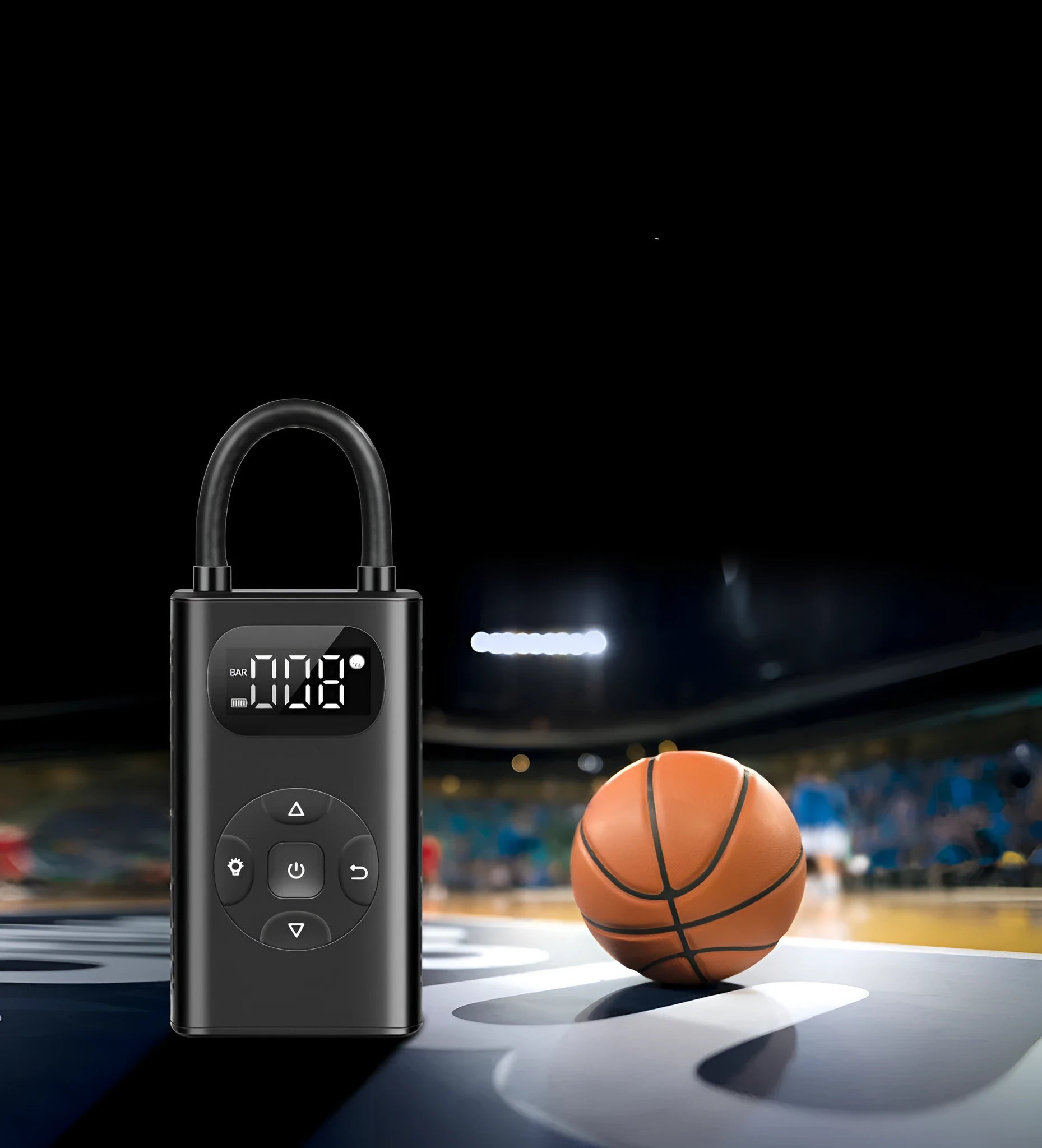 Black M09X portable power bank tyre inflator with USB cable and inflatable tube