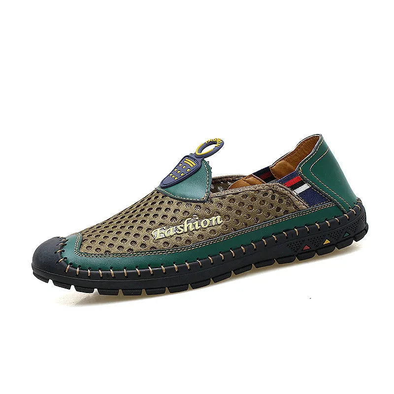 Men's brown casual mesh shoes with a rounded toe and sewn rubber sole.