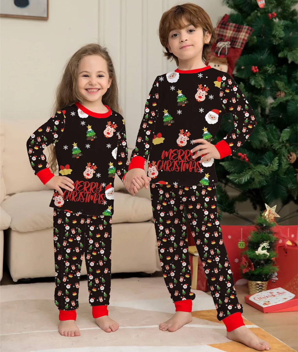 Family Christmas matching pyjamas set with plaid design showing parents, child and dog in coordinated sleepwear