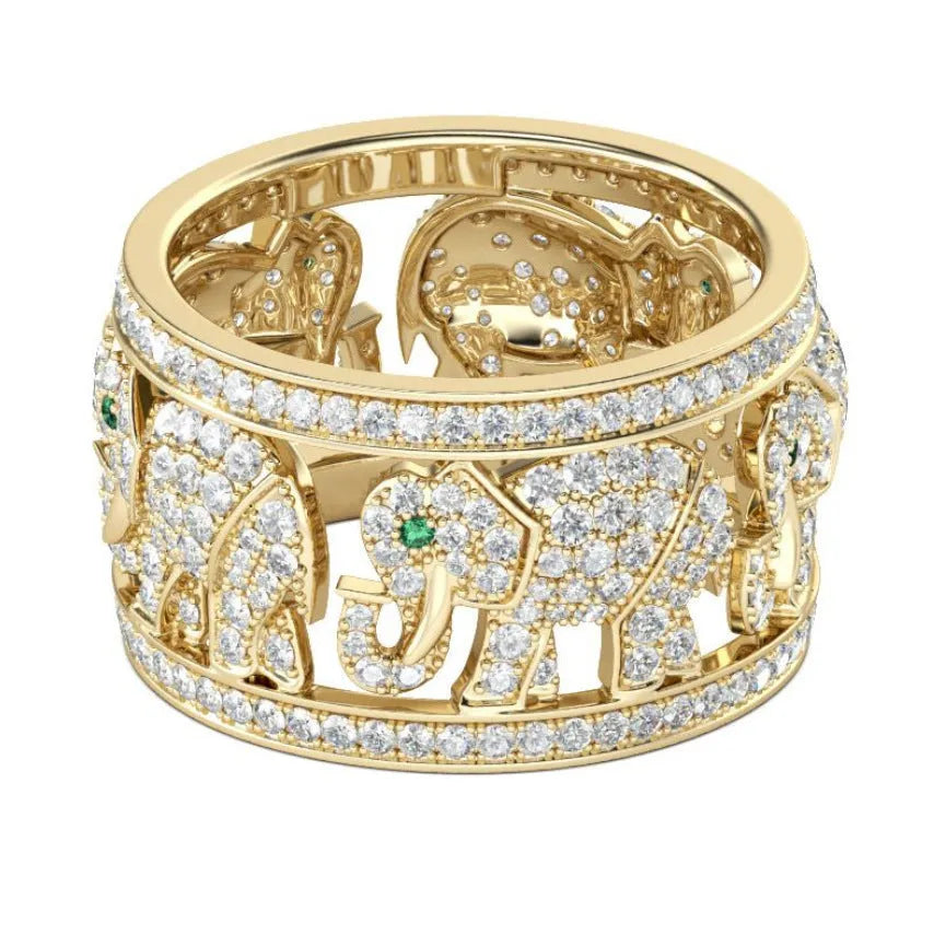 Alloy elephant ring with full diamond design in electroplated finish showing elephant motif detail