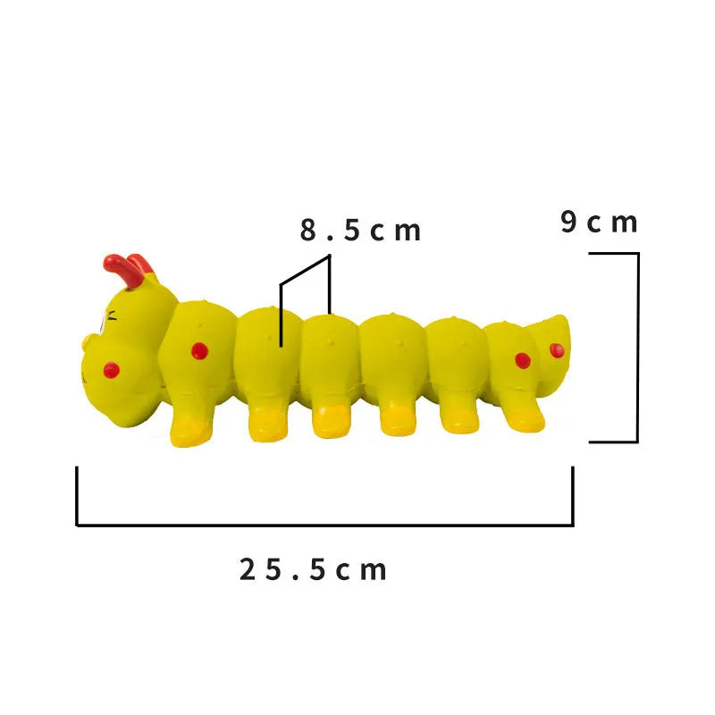 Yellow caterpillar rubber squeaky dog toy for small medium dogs 25.5x9cm