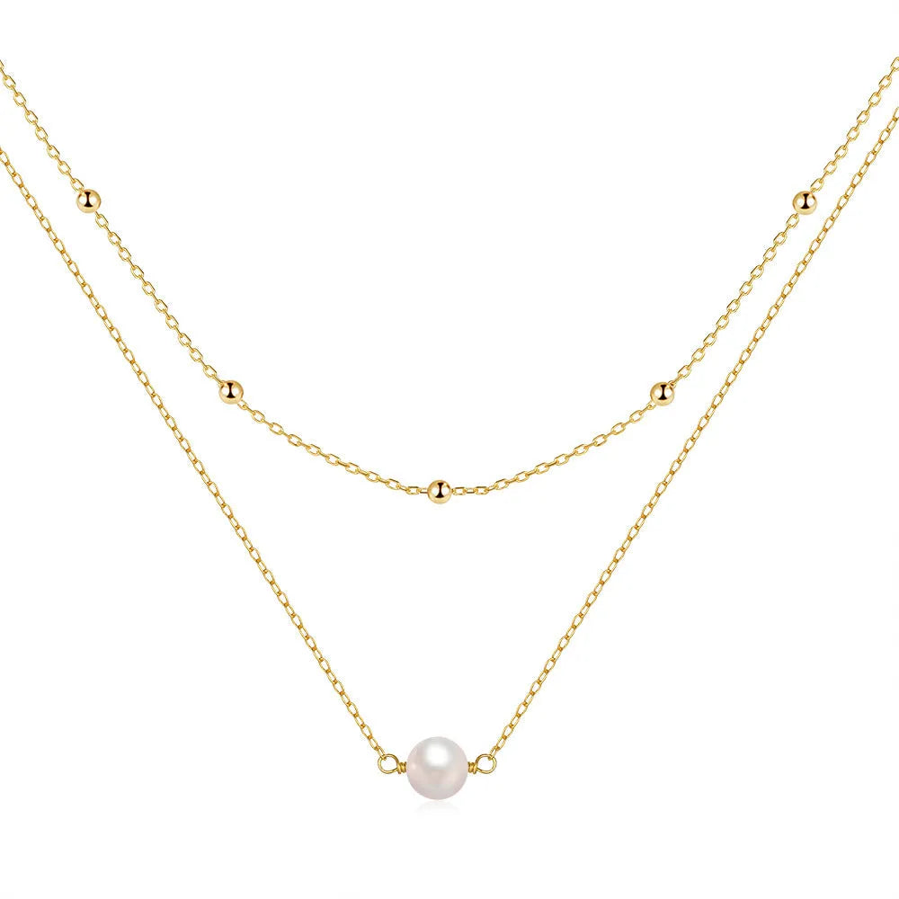 Sterling silver double layer pearl necklace with geometric pendant on ball bead chain