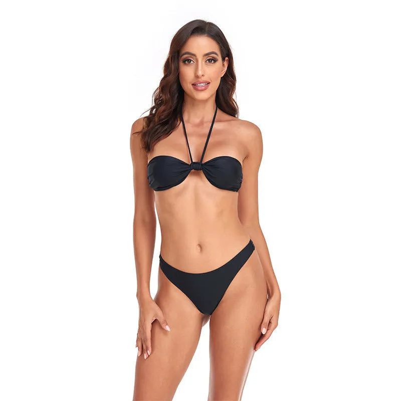 Black women's bikini set with lace-up tube top and briefs in polyester fabric