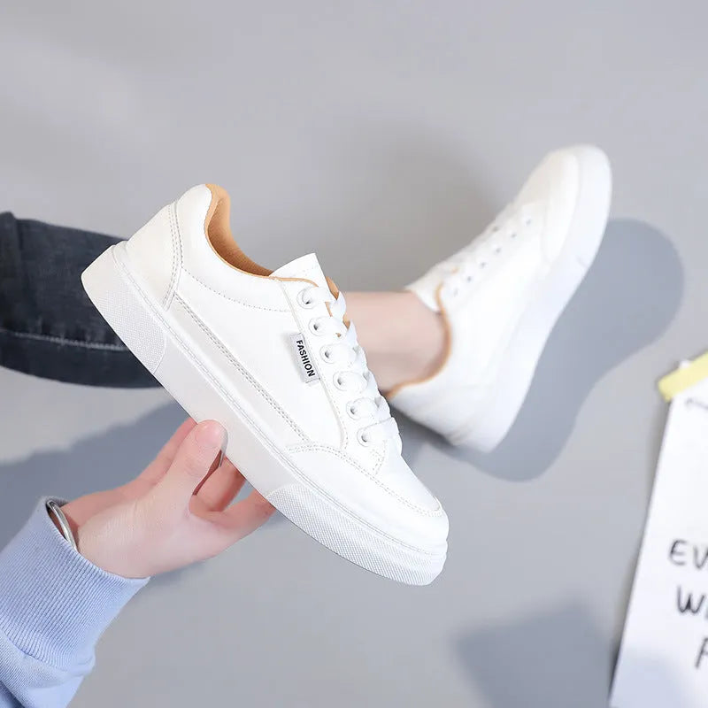 Korean-style white women's low-top sneakers with artificial PU uppers and plastic soles