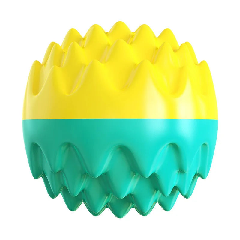 Blue and orange squeaky rubber dog ball with textured dental cleaning surface
