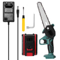 Black or green one-handed mini electric chainsaw with 4-inch guide on a workbench.