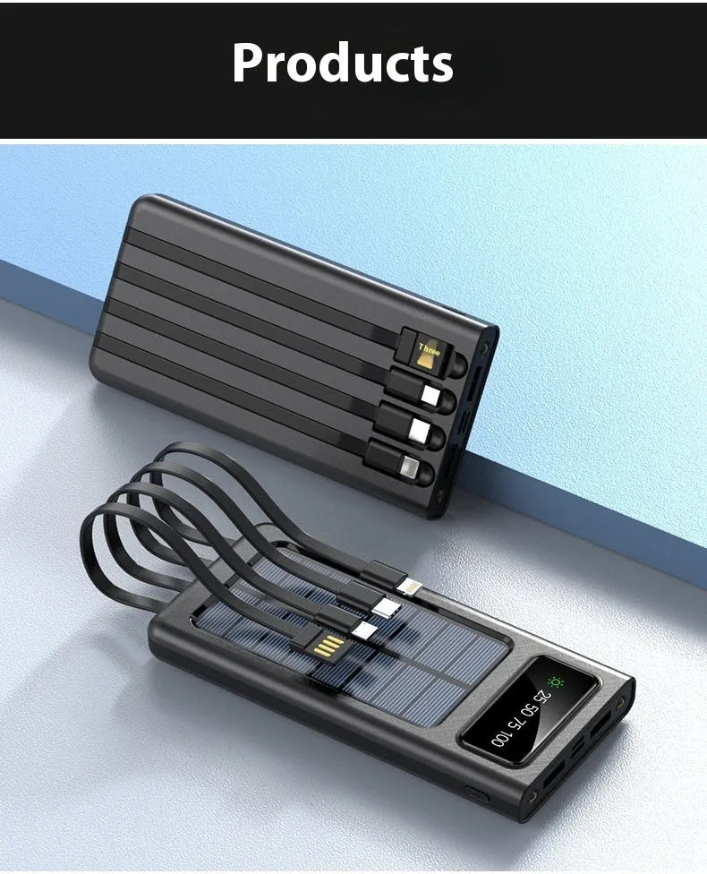 Black solar power bank 20000 MA with cable for mobile phones, plastic shell creative design