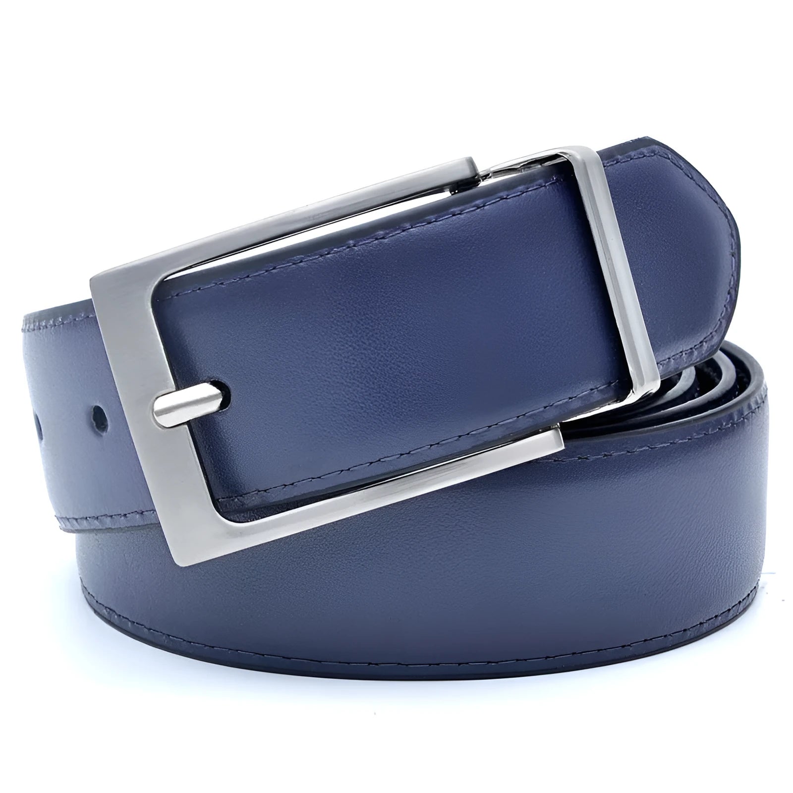 Men's brown black genuine leather belt with a silver alloy rotating pin buckle.