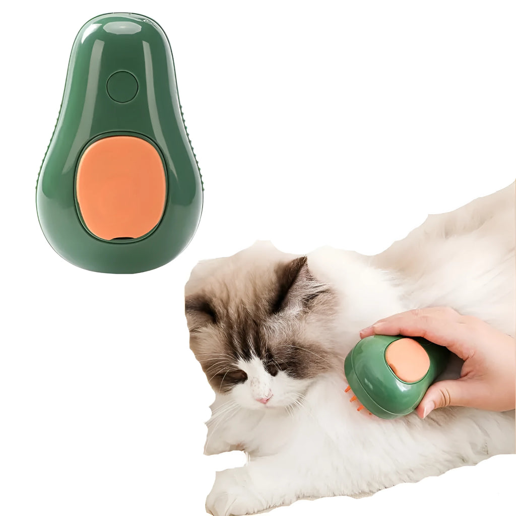 Green and white rechargeable cat steam brush with silicone bristles and water spray nozzle.