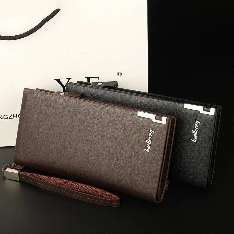 Men's black PU leather multifunctional zipper wallet open to show compartments