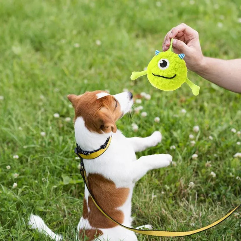 Green interactive dog teething toy ball with sound, 12cm diameter, soft plush and TPR construction