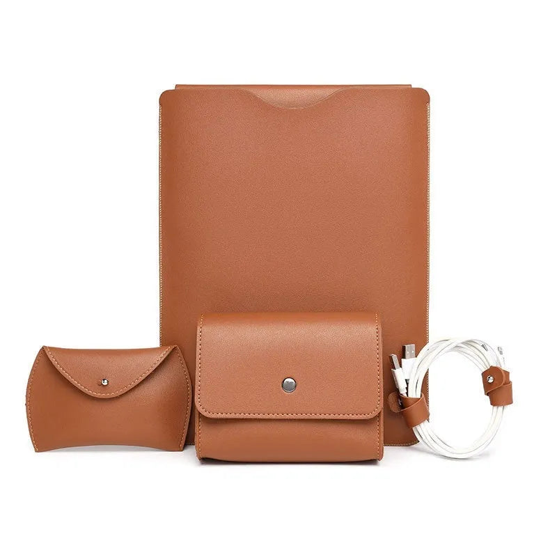 Four-piece set of brown imitation leather lock edge laptop liner bags for MacBook protection.