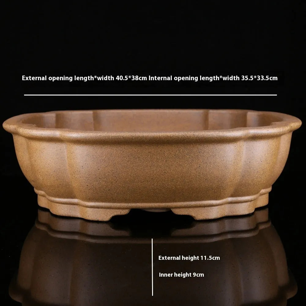 Handmade purple sand bonsai pot showing Large Begonia Basin or Hexagonal Basin style.