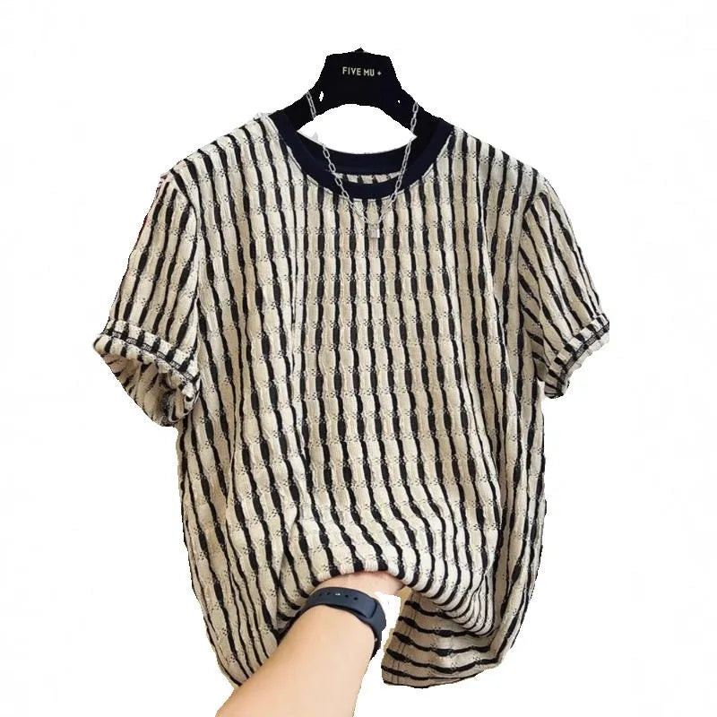 Men's black striped casual shirt with loose fit and short sleeves on hanger