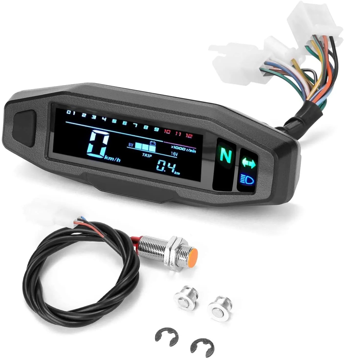 Black motorcycle mini speedometer LCD gauge showing speed, RPM, and oil level on backlit display.