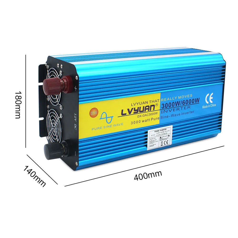 3000W 6000W pure sine wave inverter with dual digital display in blue casing, remote control, and British socket