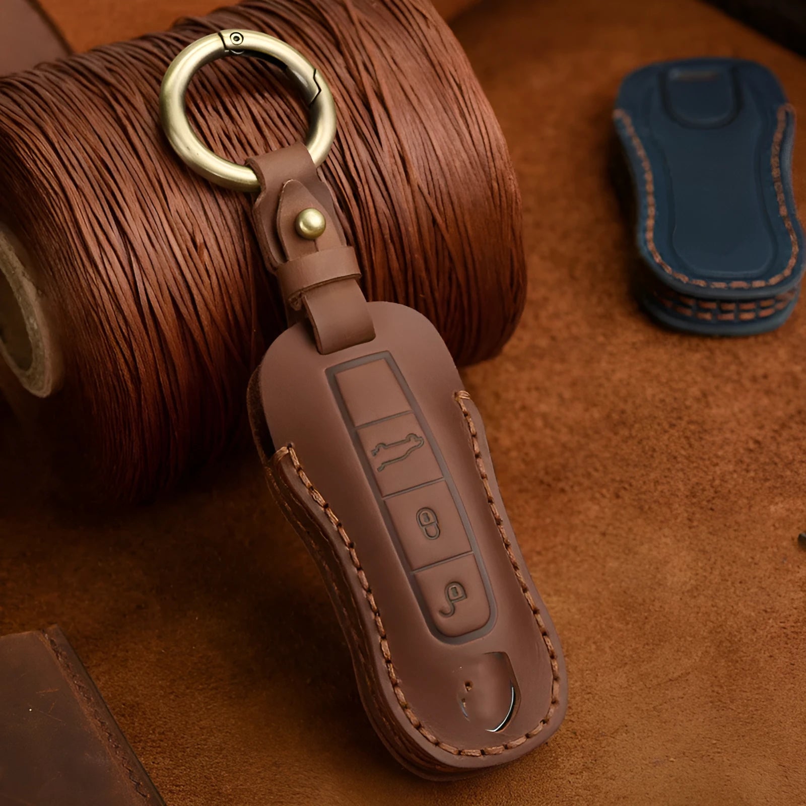 Genuine cowhide leather Porsche key cover with retro bag buckle in blue or brown colour