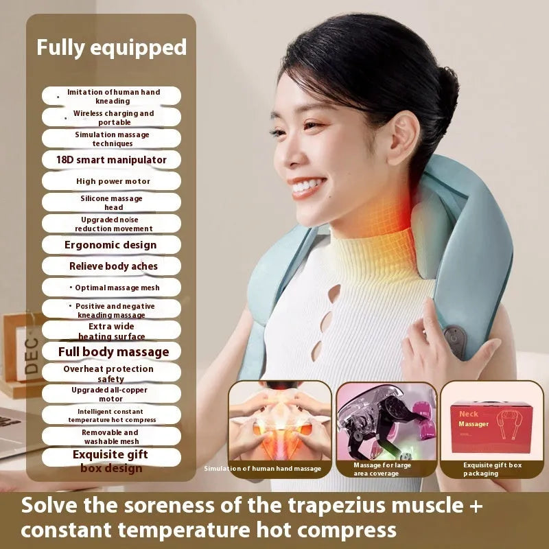 Electric neck massager foldable rechargeable multi-mode heat support blue and beige on white background