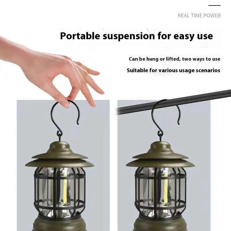 Portable camping lantern in dark green colour with super bright light output for outdoor events