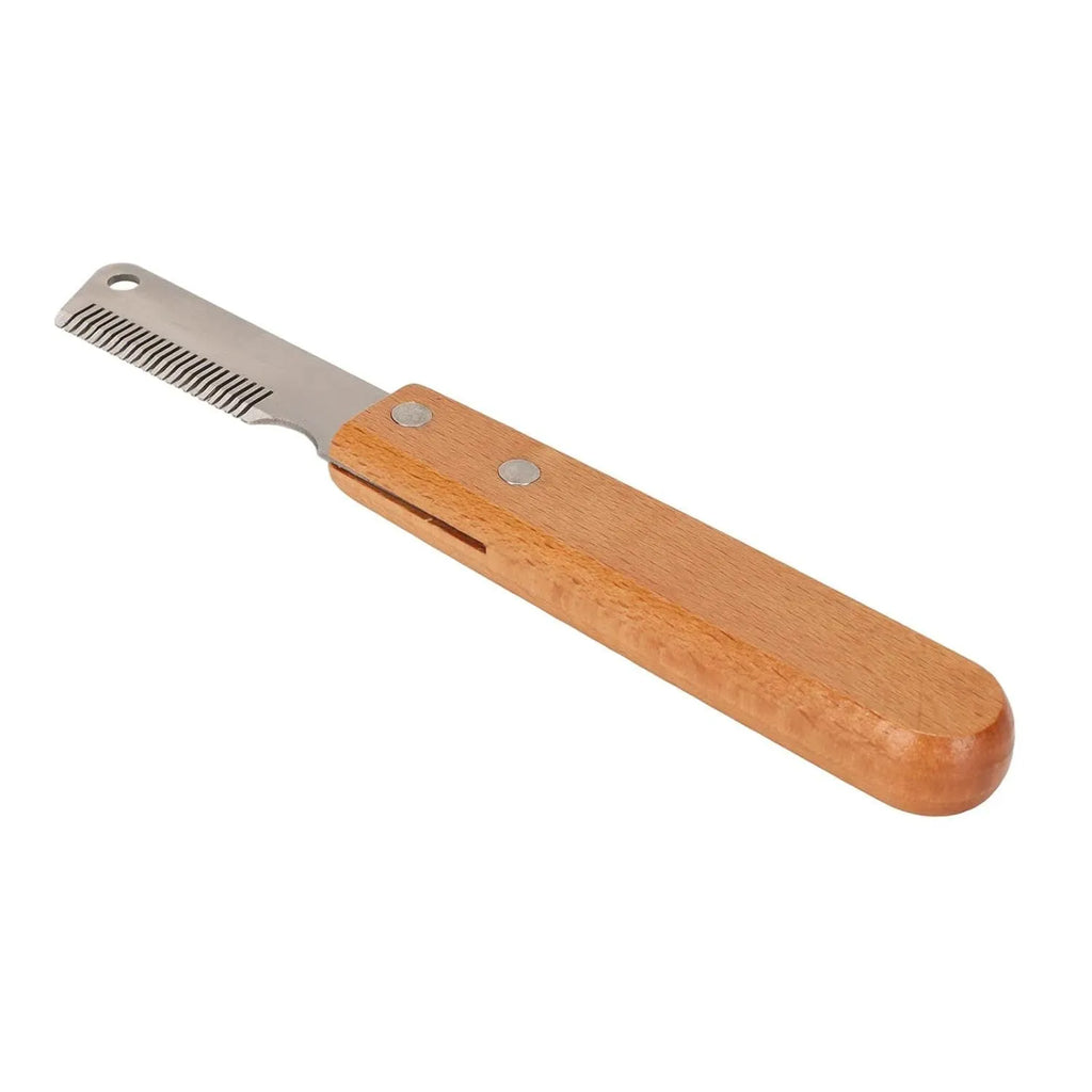 Pet stripping comb with metal blade and wooden handle for grooming dogs and cats