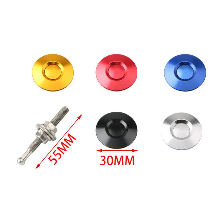 30mm aluminium alloy vehicle cover lock in silver, black, gold, blue, and red colours next to a 55mm mounting screw.