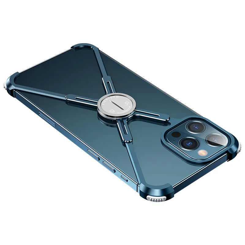 Silver X-shaped metal phone case for iPhone 12 Pro with four airbag corners and magnetic holder