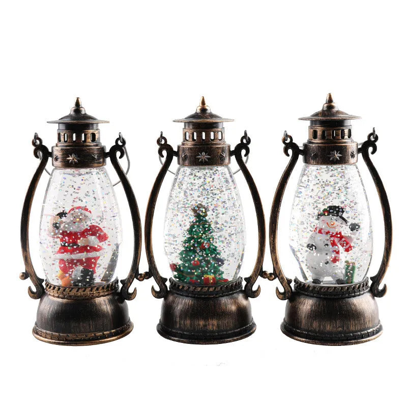 Plastic crystal ball oil lamp Christmas ornament with light-up feature in snowman and elderly figure styles